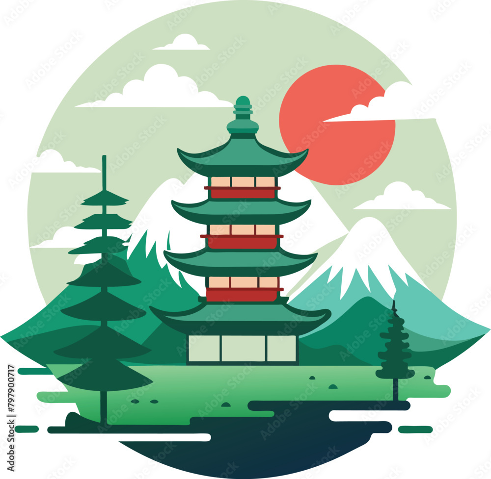 Pagoda and pine trees in the circle. Vector illustration. Pagoda and pine trees in the circle. Vector illustration.