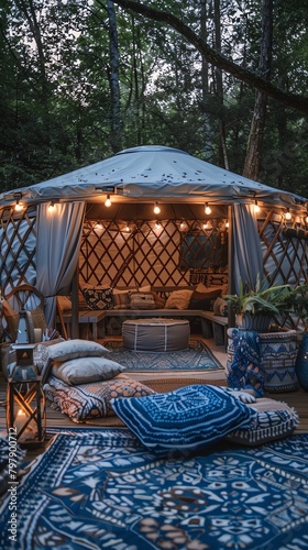 A glamping retreat in the Smoky Mountains, with a fully deckedout boho yurt including plush throw pillows and string lights photo