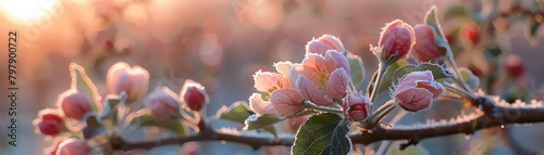 A frosty morning scene in an apple orchard, where the blossoms are just beginning to open photo