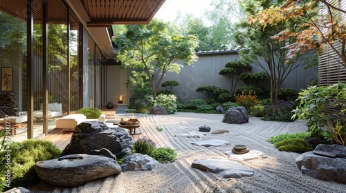 A photo of a beautiful Zen garden with a raked sand and stone pattern, stone lantern, and carefully placed rocks and plants.