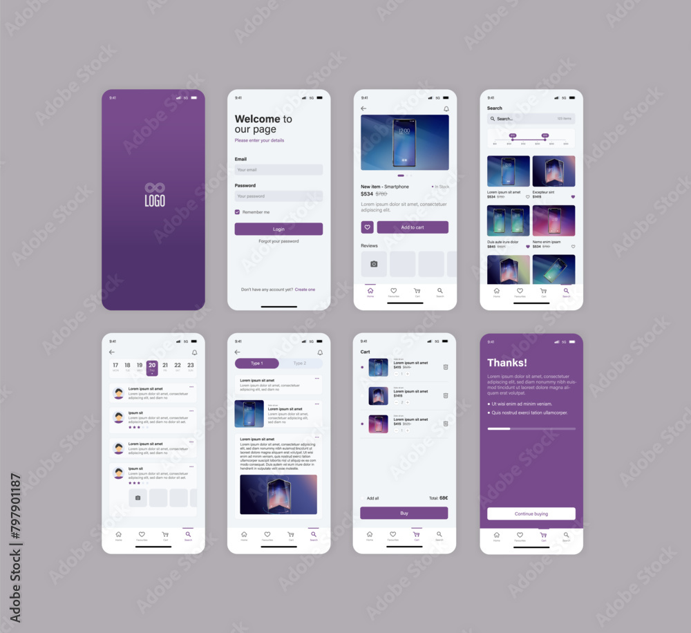 Smartphone UI app. Phone screens for shop application. Mobile interface with account login and shopping cart. Screenshots responsive website mockups.