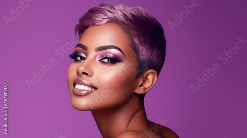 Beautiful, sexy, happy smiling dark-skinned African American woman with perfect skin and short haircut, on a purple background, banner.