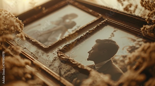 A sepia toned picture of a man and woman in a vintage frame with dried flowers. photo
