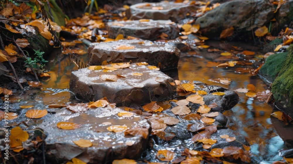 A stone path covered in wet autumn leaves leads through a forest.