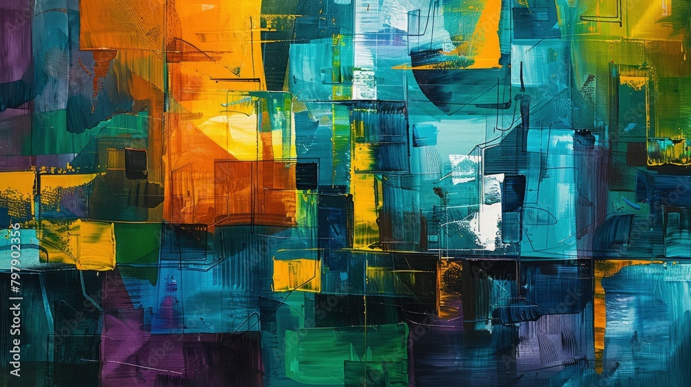 Abstract painting with a vibrant color palette of green, blue, orange and yellow, acrylic paint on canvas, in the modern art style with geometric shapes and lines