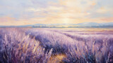 Serene Lavender Fields at Sunset, Pastel Impressionist Landscape with Copy Space