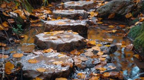 A stone path covered in wet autumn leaves leads through a forest.