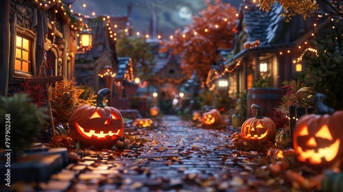 A street in a village at night with pumpkins and lights for Halloween.
