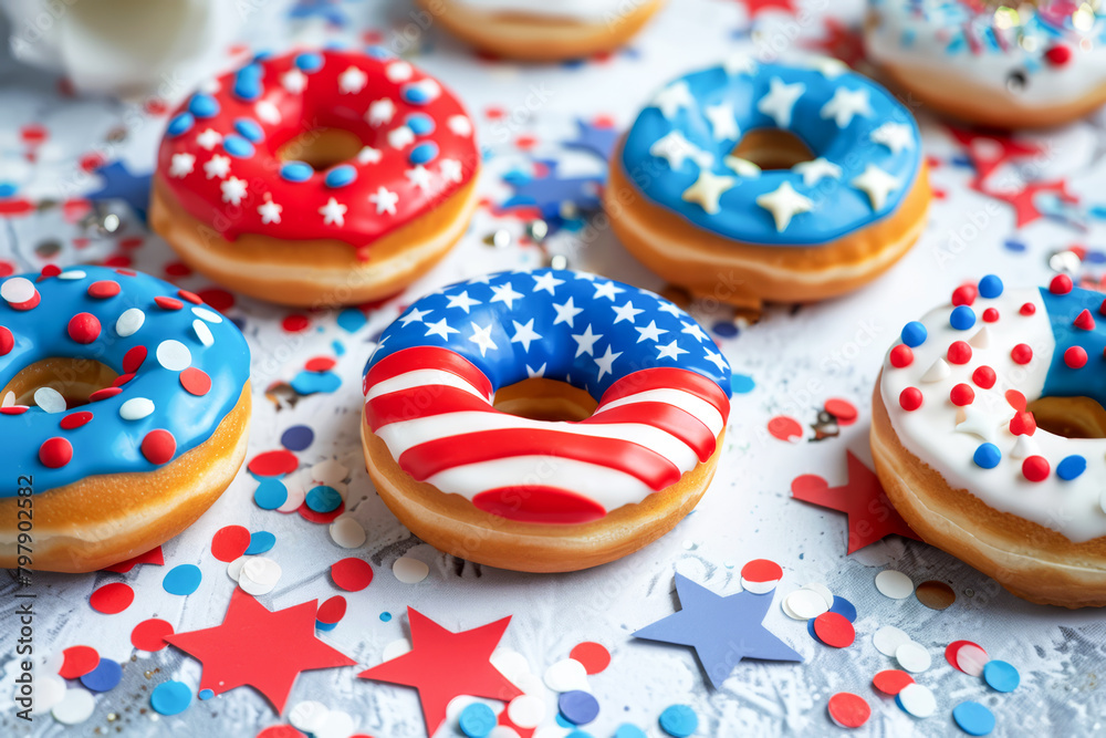 Sugar cookie donuts decorated with red, white and blue icing in American flag patterned design on top. Decorating a holiday food table. Independence Day or Memorial Day celebration. 4th Of July. Sugar cookie donuts decorated with red, white and blue icing in American flag patterned design on top. Decorating a holiday food table. Independence Day or Memorial Day celebration. 4th Of July.