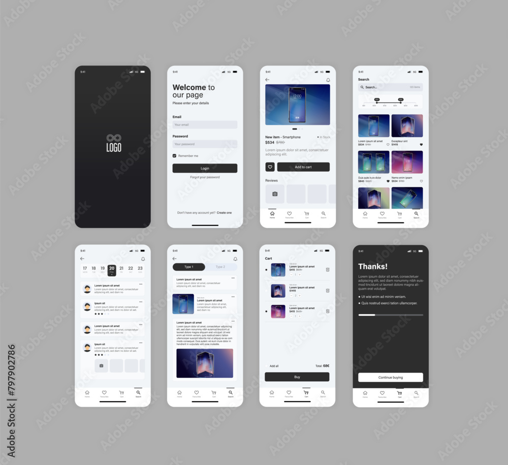 Smartphone UI app. Phone screens for shop application. Mobile interface with account login and shopping cart. Screenshots responsive website mockups.