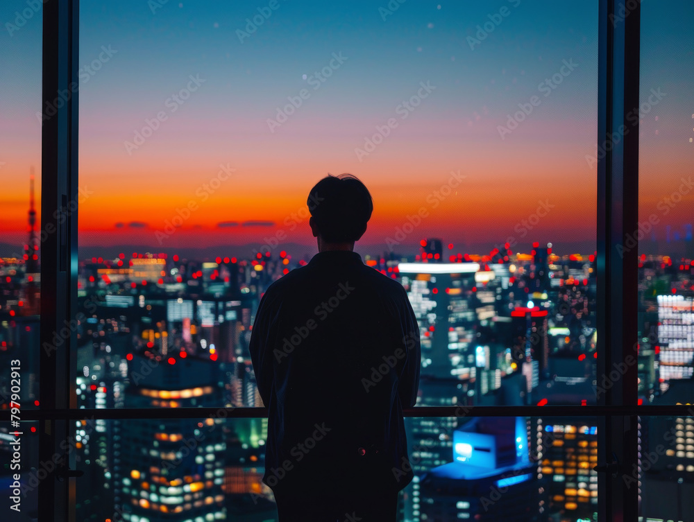 A man stands in front of a city skyline at dusk. The sky is a beautiful mix of orange and pink hues, creating a serene and peaceful atmosphere. The man is lost in thought