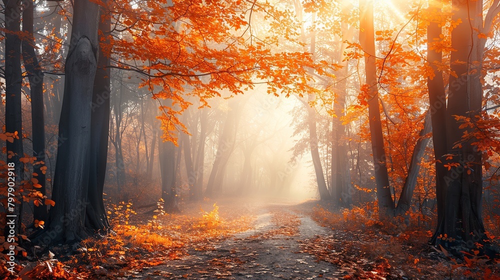 This is a picture of a path in the woods. The trees are tall and bare, and the leaves on the ground are a mix of greens, yellows, and browns. There is a single ray of sunlight shining through the tree