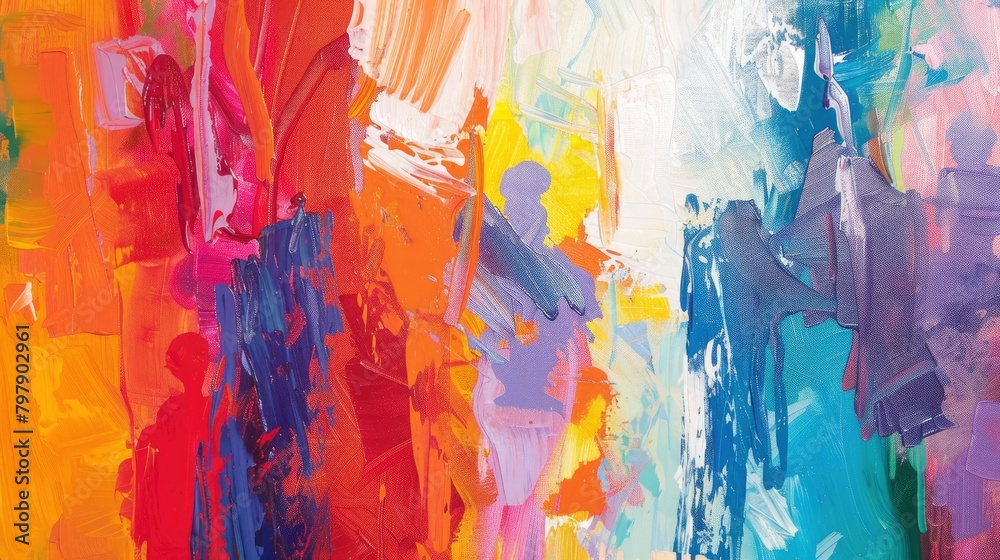 Abstract red, blue and purple painting with visible brush strokes. The background is a mix of bright colors like orange, yellow, green and white