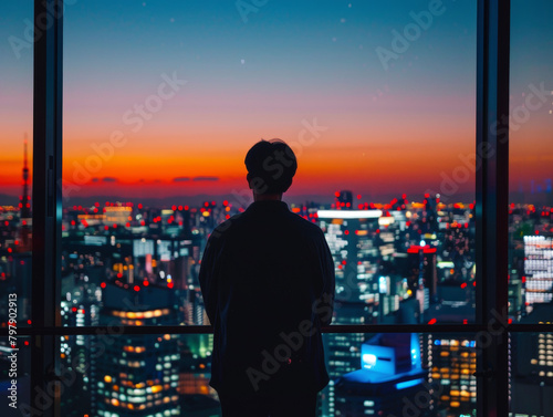 A man stands in front of a city skyline at dusk. The sky is a beautiful mix of orange and pink hues  creating a serene and peaceful atmosphere. The man is lost in thought