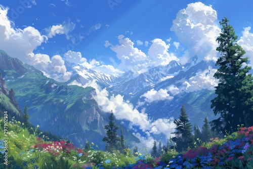 paintings landscape with sky, clouds, mountains, and trees