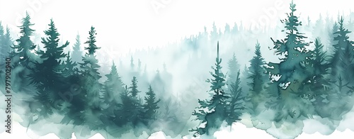 Watercolor green pine forest, foggy forest landscape.