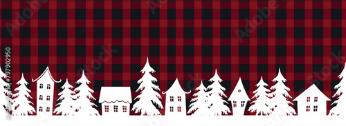 Christmas village. Winter background. Seamless border. Fairy tale winter landscape. White houses, fir trees on red and black checkered background. Winter classic Buffalo Plaid bg. Vector illustration