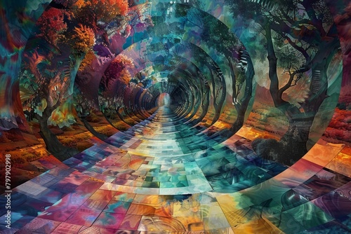 colorful abstract paintings of walkways and trees.