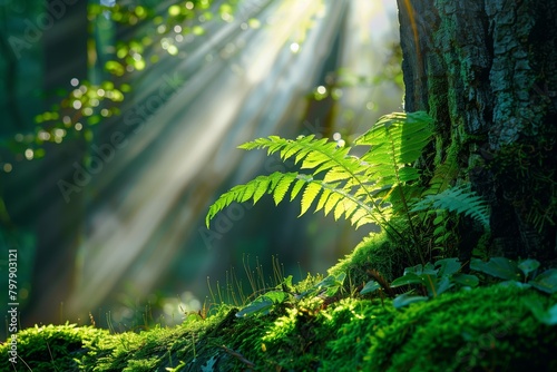 Fern near the trunk with sun rays.