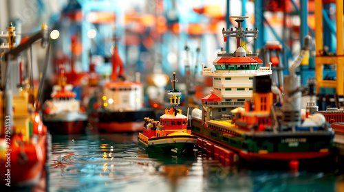 harbor with ships unloading cargo of lego style photo