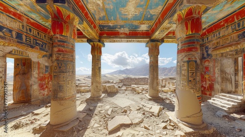 An ancient Egyptian temple on the walls and columns. photo