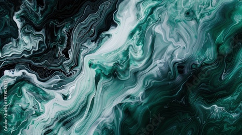 Abstract white and green acrylic fluid art, swirling patterns with shades of black and dark grey. The background is a solid color, providing contrast for the liquid forms.