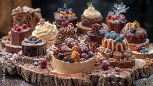 An assortment of chocolate cakes and cupcakes decorated with berries, cream, nuts, and chocolate shavings on a wooden surface.
