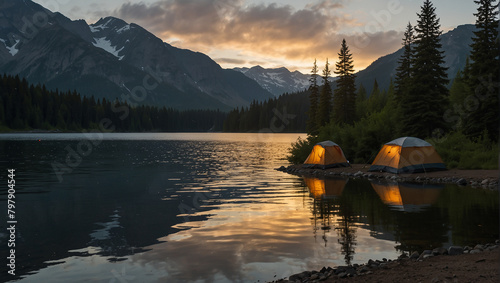 There are two orange tents set up on the shore of a lake. There is a mountain range in the distance. The sun is setting and the sky is orange. The lake is calm and still.

 photo