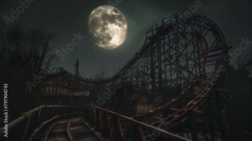Haunting Moonlit Shadows Cast Over Abandoned Roller Coaster s Twisted Tangled Tracks