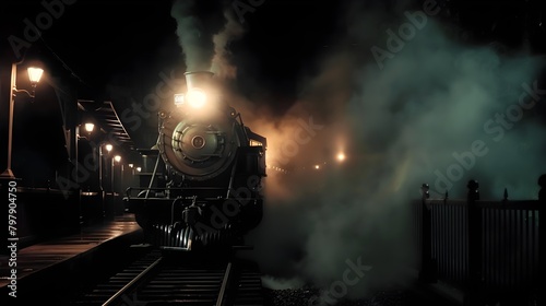 Phantom like Vintage Train Emerging from the Shadows in the Night
