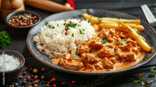 Chicken strogonoff with rice and french fries (potato sticks) on dish. Chicken stroganoff, is a dish originating from Russian cuisine.