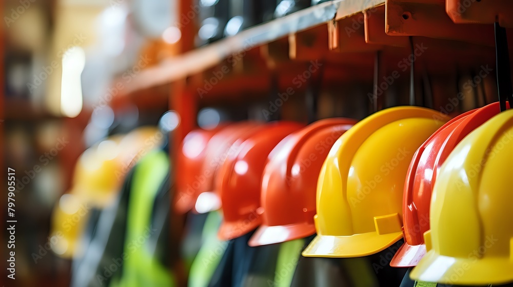 A variety of hard hats hang on a rack in a place of business A variety of hard hats hang on a rack in a place of business