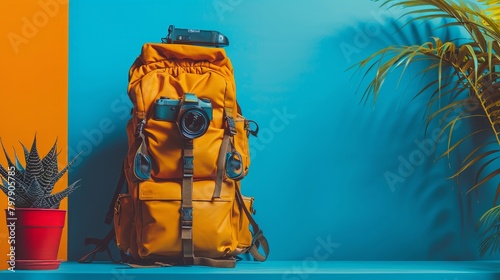 Boldly colored travel gear poised against a vibrant azure background.