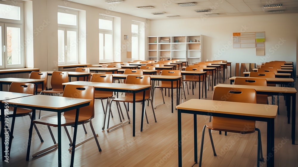 An empty classroom with chairs and desks An empty classroom with chairs and desks