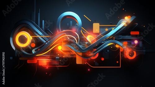 Dynamic abstract 3D shapes with a digital twist, featuring glowing neon accents,