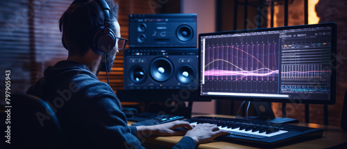 Music producer analyzing waveforms on a computer screen while recording in a studio setup, photo