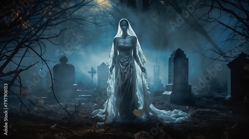 Photograph Portraying a Lone Figure in a Cemetery at Night 
