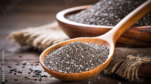 Organic chia seeds in a wooden spoon, close-up, superfood concept on rustic background, photo