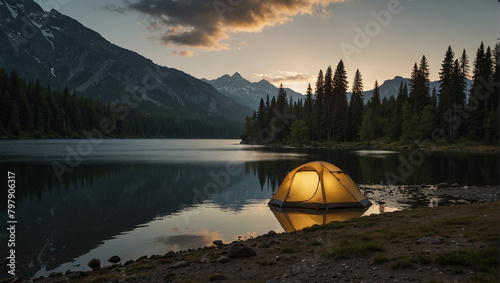 A tent is set up on a small island in the middle of a lake. There are mountains in the background and the sky is dark blue with some light clouds.

