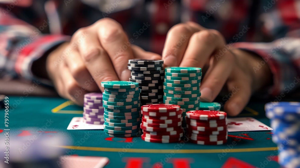 Man's hands holding chips, creating suspense in a poker game. Poker night concept, strategy, and decision-making at high stakes.