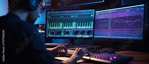 Sound editor cutting and looping audio tracks on a digital audio workstation, detailed view of the editing software, photo