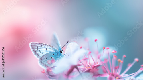 Butterfly on Flower with Dreamy Pastel Bokeh Background 