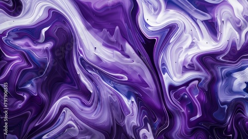 A closeup of swirling purple and white acrylic paint  creating an abstract pattern with fluid shapes. The background is a deep blue gradient  adding depth to the composition