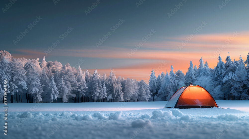 Illuminated Tent in Snowy Winter Landscape at Twilight
