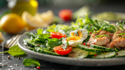 Salmon Salad with Fresh Vegetables and Herbs on White Plate 