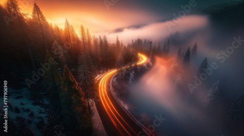 Misty Mountain Road with Illuminated Car Trails at Dusk 