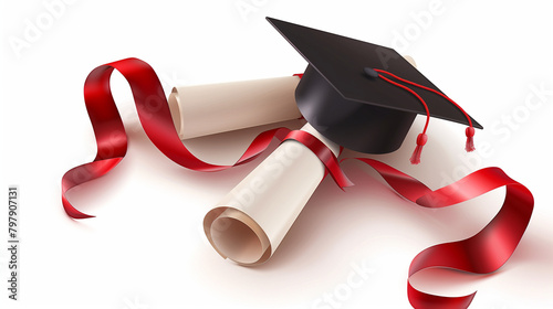 Elegant Graduation Diploma and Cap with Red Ribbon

