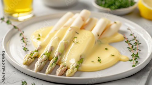 White Asparagus with Hollandaise Sauce on a Modern Plate
