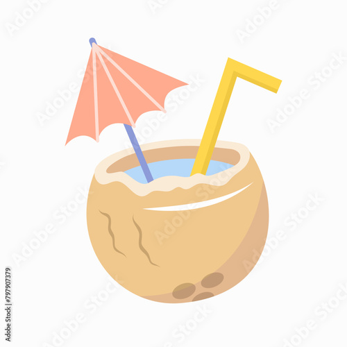Coconut cocktail with straw and umbrella in flat style. Summer beach design elements.