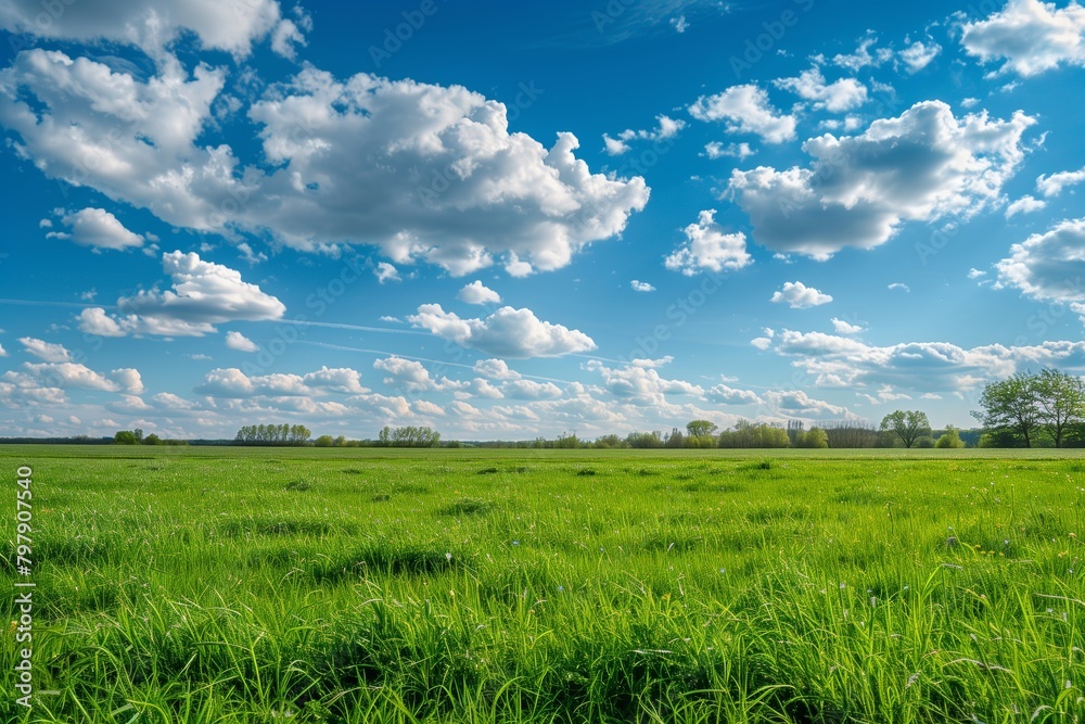 Green spring meadow and blue sky with clouds.